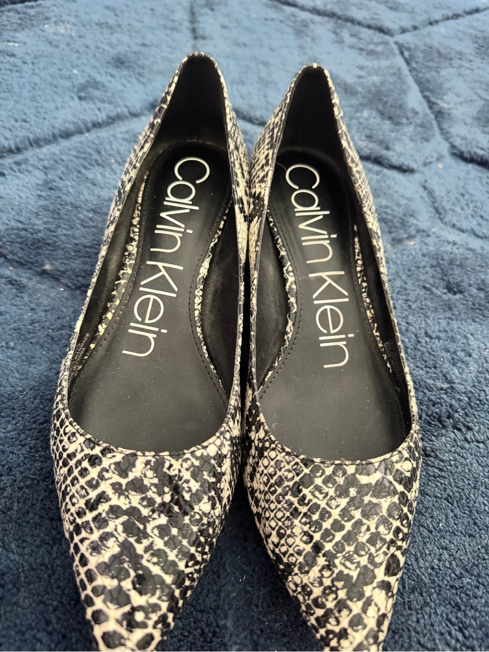 Calvin Klein Black and Cream Snake-Print Pointed Flats